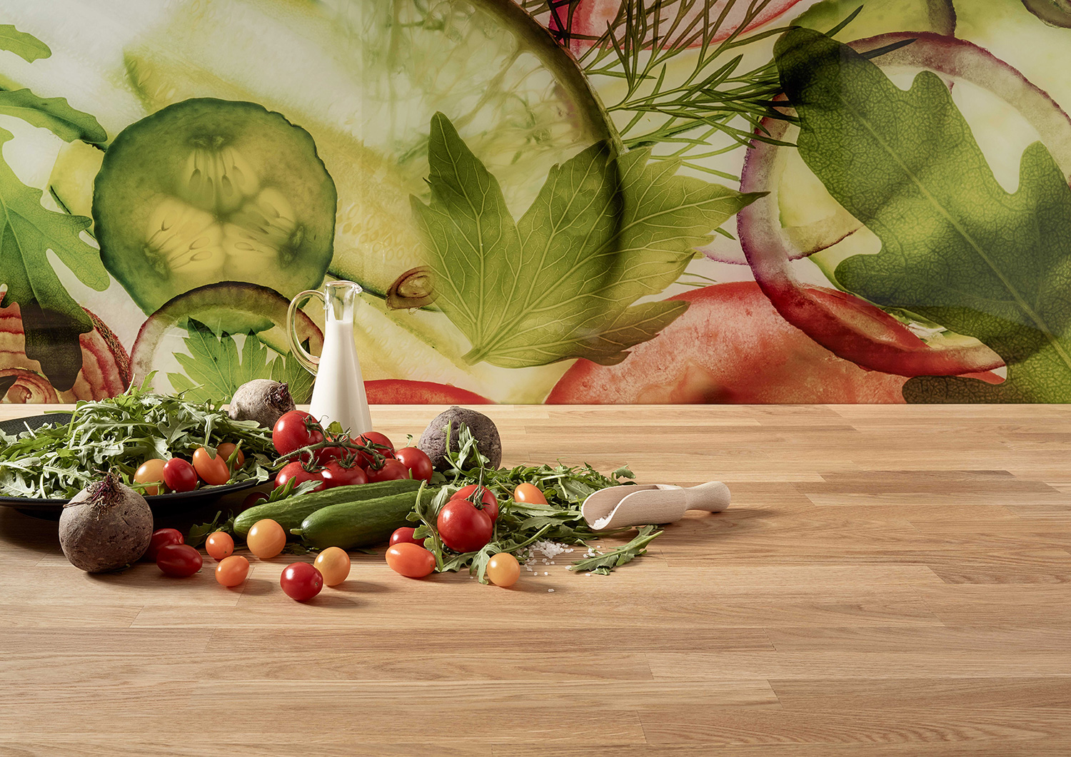 Massivholzarbeitsplatte 501 Eiche mit Küchenrückwand M76 Summer salad